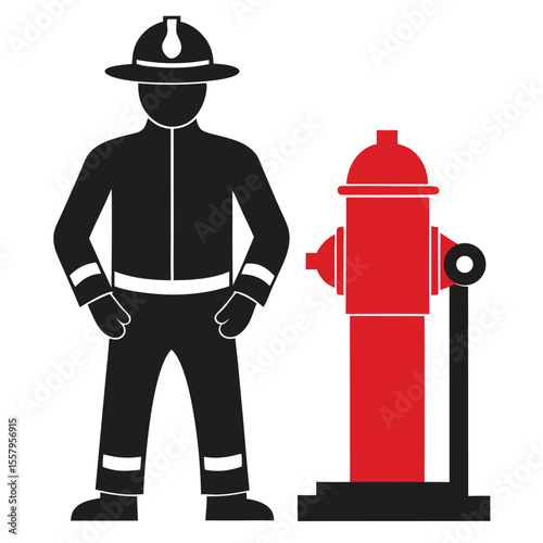 Stylized firefighter standing beside a red fire hydrant illustration on white background