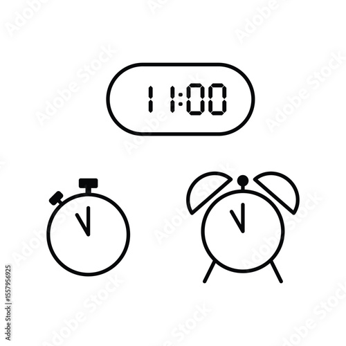 Simple vector illustration of 11 o'clock, timer and 11 o'clock alarm