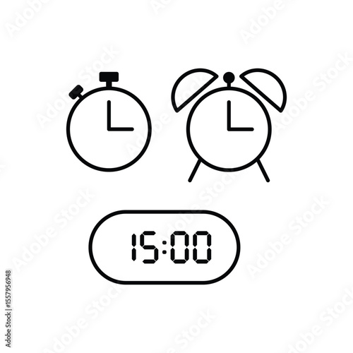 Simple vector illustration of 15 o'clock, timer and 15 o'clock alarm