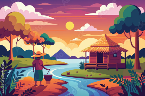 Rural Sunset Scene with Traditional Hut and Farmer