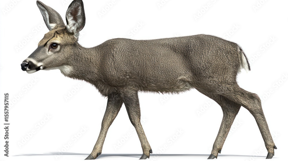 Fototapeta premium A young deer gracefully walks against a white backdrop. Its coat is a muted grey-brown