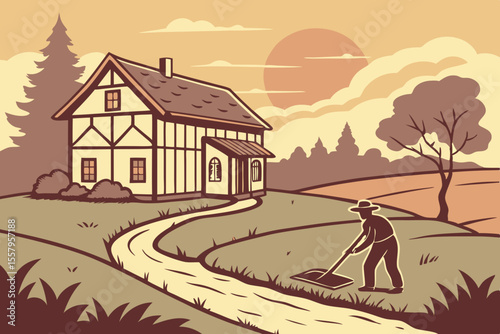 Rural Farmhouse Scene with Farmer Working
