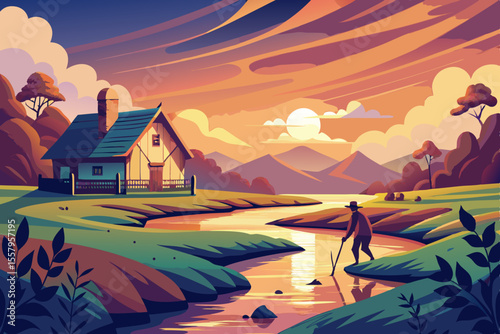 Peaceful Sunset Scene with Country House and River