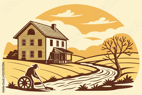 Rural Farmhouse Scene with Farmer