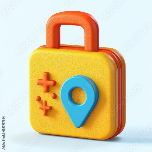 3d illustration of a colorful padlock with a location pin and plus symbols on its front surface