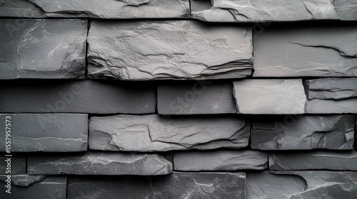 Close-up view of a textured gray stone wall with uneven rectangular stone slabs tightly stacked in horizontal layers