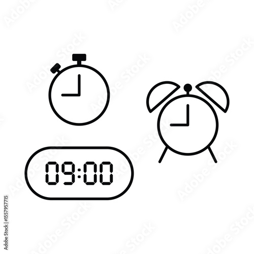 Simple vector illustration of 9 o'clock, timer and 9 o'clock alarm