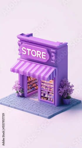 Purple miniature model of a small store with striped awning, detailed shelves filled with goods, and potted plants on a tiled base creating a charming scene