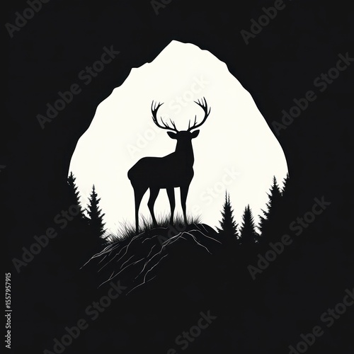 silhouette of a deer with large antlers standing on a hill surrounded by pine trees with dark forest background