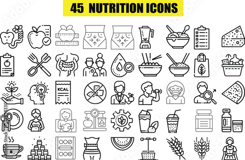 Collection of 45 healthy food and nutrition icons for design projects