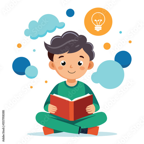 Young boy reading a book with thought bubbles and lightbulb representing imagination and ideas.