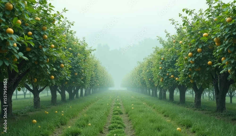 Naklejka premium Morning forest road through a peaceful park with trees and sunlight