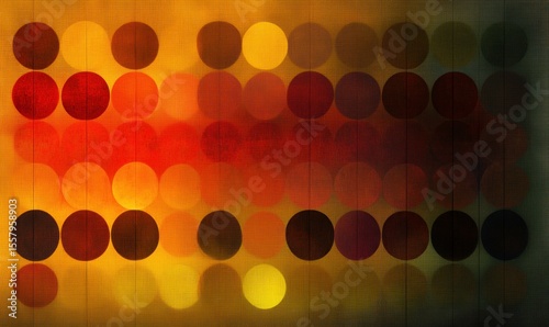 Abstract composition of overlapping circular shapes in warm tones of yellow, orange, and red blending into darker brown and black on textured backdrop