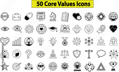 Modern vector design illustrating 50 core values with vibrant colors and clean typography