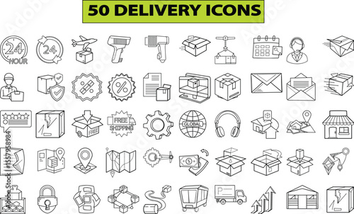 Collection of 50 diverse delivery and logistics icons for modern business