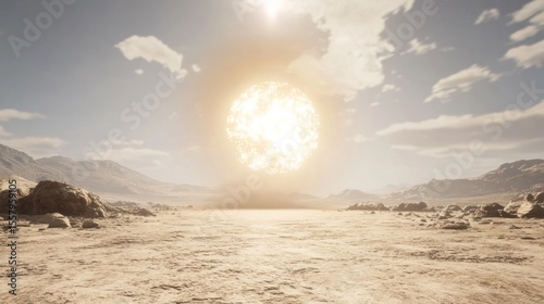 Vast desert landscape, enormous glowing orb in a pale sky