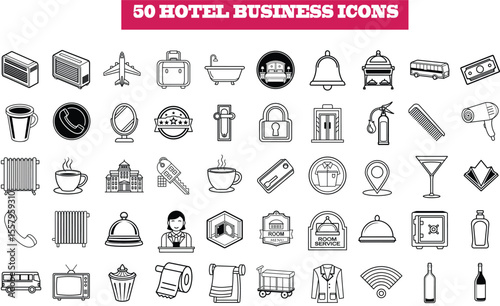Collection of 50 professional hotel and business service icons for digital and print use