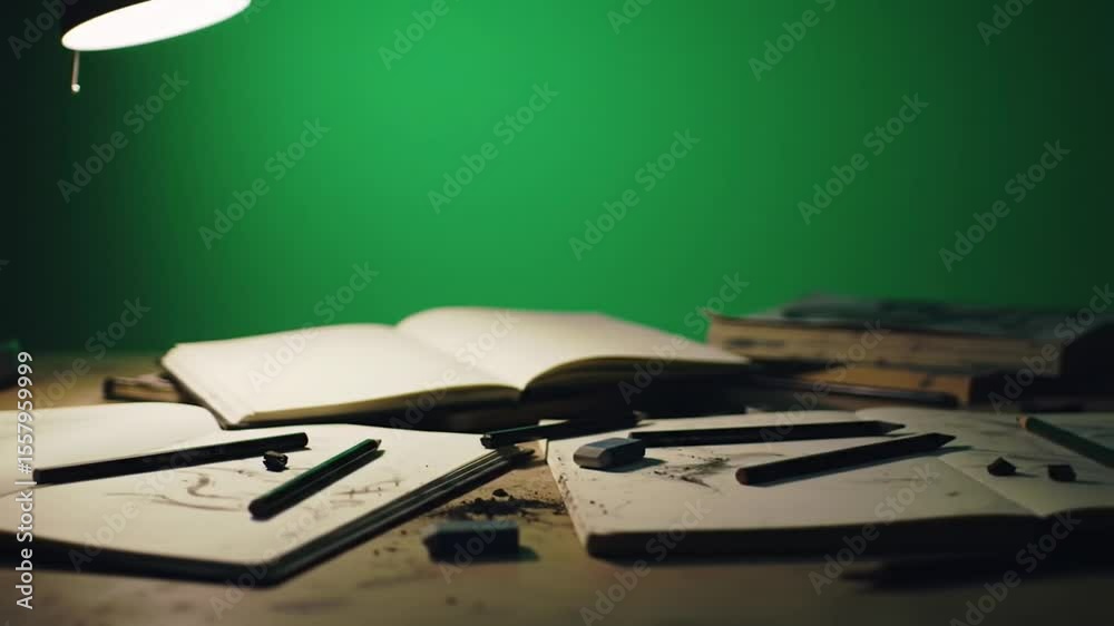 book and pen on the table on green background