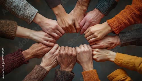 Diverse group of people with interlocked hands forming a circle symbolizing unity and cooperation