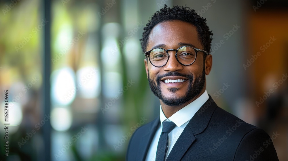 Fototapeta premium Portrait of a cheerful man wearing glasses and a black suit with tie smiling indoors with blurred background