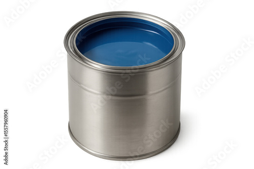Open metal can full of vibrant blue paint, isolated on transparent background, ready for home renovation or art projects