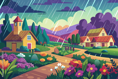 Rainy Day in a Colorful Village