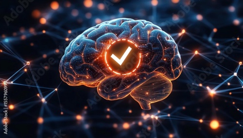 Glowing digital brain connected by luminous neural network with central checkmark symbol representing validation or cognitive accuracy