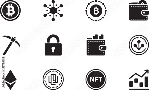 Cryptocurrency Icons Bitcoin, NFT, Blockchain, and Wallet Illustrations