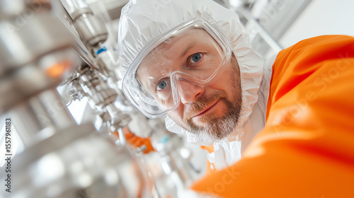 A focused worker in protective gear inspects machinery, showcasing dedication to safety and precision in a modern industrial environment.
