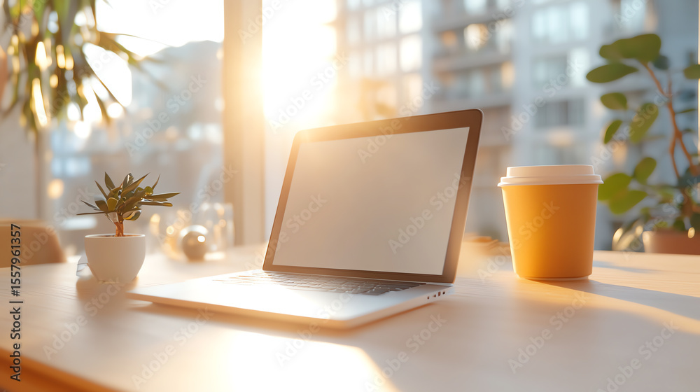 Fototapeta premium A modern workspace featuring a laptop, coffee cup, and greenery, illuminated by warm sunlight, perfect for productivity.