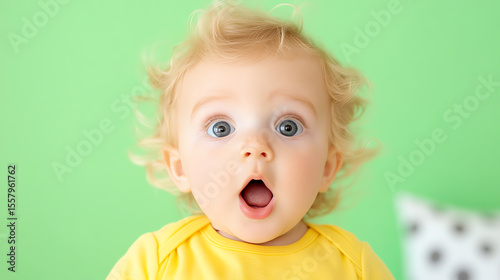 A surprised baby with curly hair, wide eyes, and a vibrant yellow shirt against a bright green background, capturing innocence and joy.
