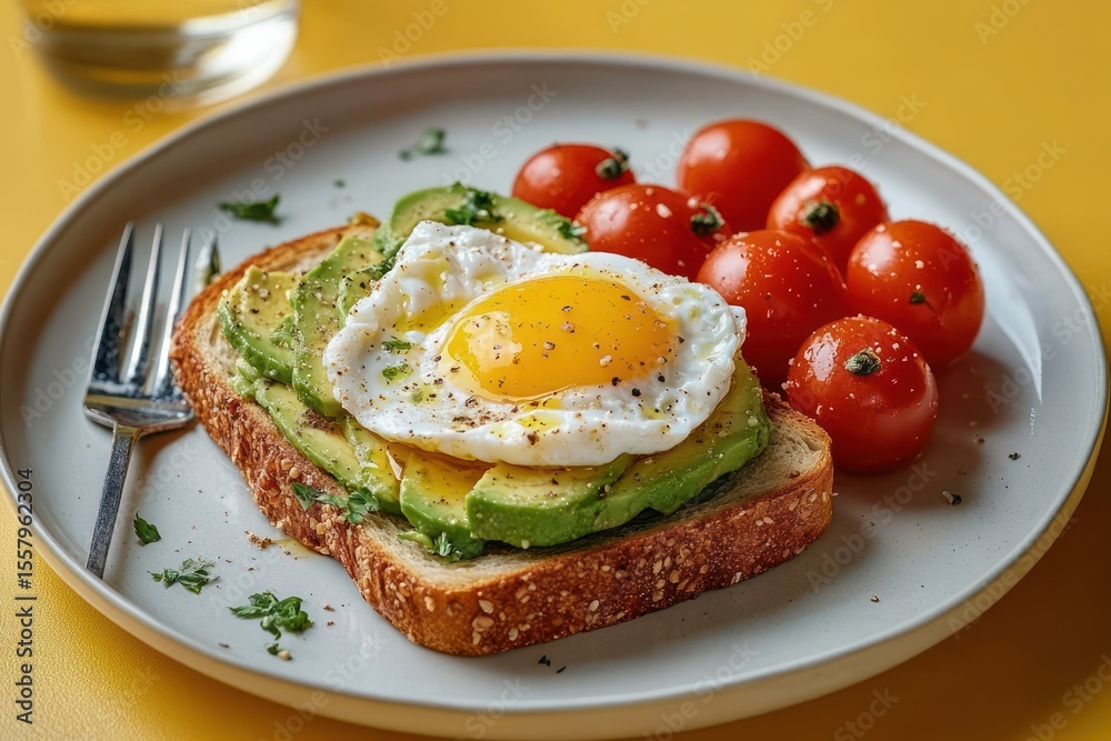 Plate with avocado toast topped with a sunny-side-up egg and seasoned with pepper, accompanied by fresh cherry tomatoes on a yellow table Plate with avocado toast topped with a sunny-side-up egg and seasoned with pepper, accompanied by fresh cherry tomatoes on a yellow table