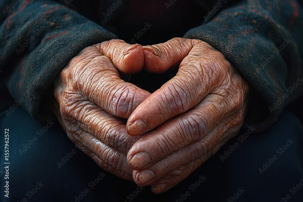 Fototapeta premium close-up of old wrinkled hands clasped together showing weathered skin texture and signs of aging