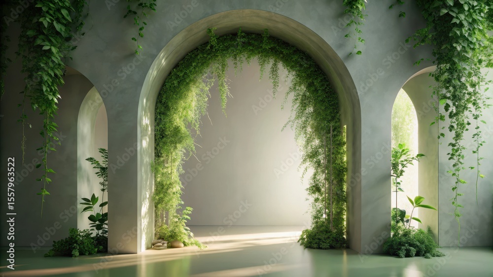 Fototapeta premium Serene Interior Design Lush Greenery Frames Architectural Arches in a Tranquil Space