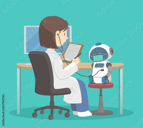 AIまたはロボットがマスクをして、診察室で不具合を医師に診てもらっているシーンを表したベクターイラスト