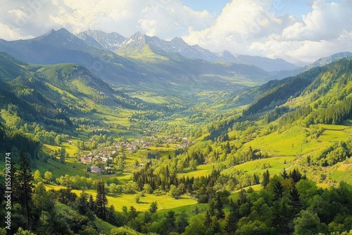 Sunny mountain valley with green forests and small village surrounded by lush hills and distant rugged peaks under a bright sky