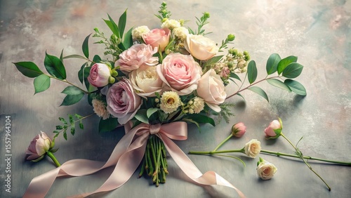 A Delicate Bouquet of Pastel Roses and Buds, Gracefully Tied with a Silken Ribbon, Resting on a Textured Surface