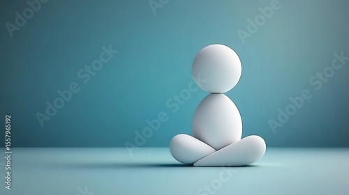 Minimalistic white abstract human figure sitting cross-legged on a smooth surface with a calming blue-green gradient background, evoking tranquility and meditation