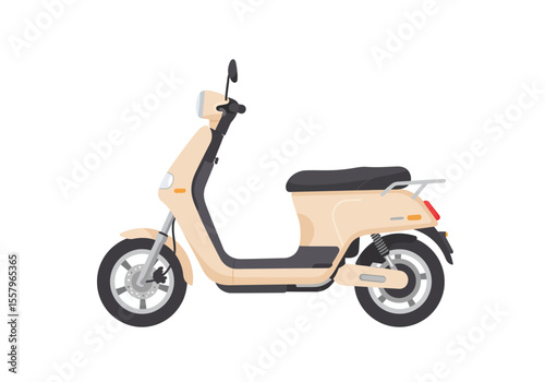 A beige scooter with dark grey wheels handlebars and seat