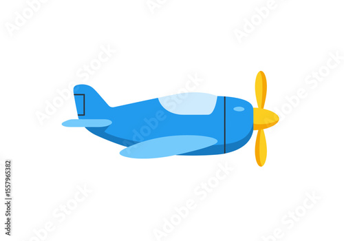 A blue airplane with a yellow propeller and light blue wings on a white background