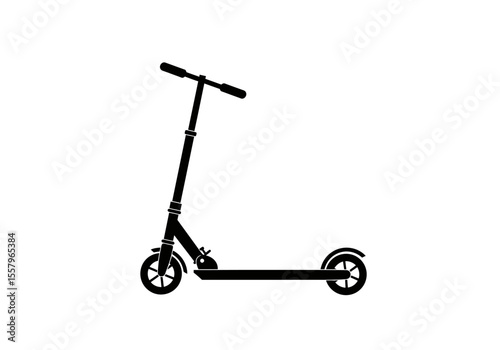 A black silhouette of a kick scooter with handlebars and a footboard against a white background