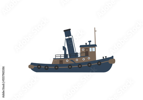 A blue and brown tugboat is on the water featuring a tall smokestack and a cabin