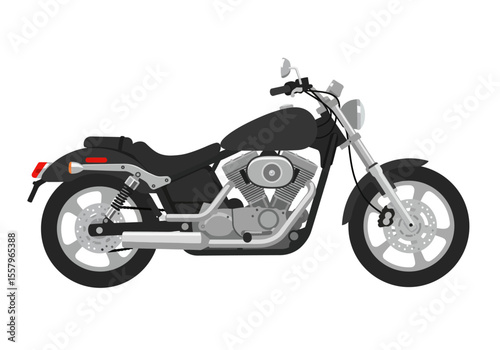 A black and gray chopper motorcycle with a large engine and disc brakes is shown on a white background