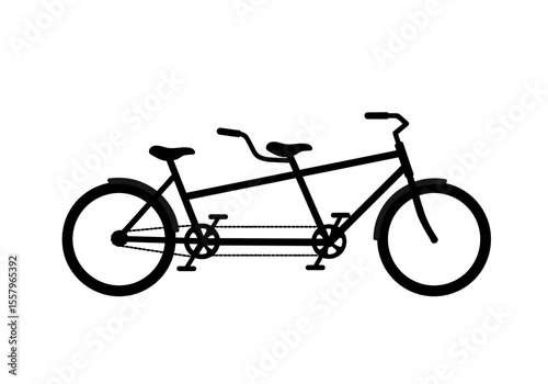 A black tandem bicycle features two seats handlebars and wheels with a chain connecting the pedals