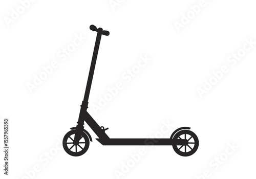 A black silhouette of a kick scooter with its wheels and handlebar visible against a white background