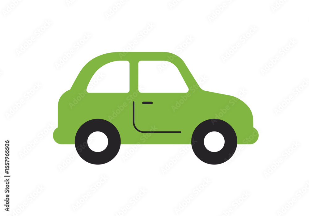 A cartoon green car with two black wheels on a white background A cartoon green car with two black wheels on a white background