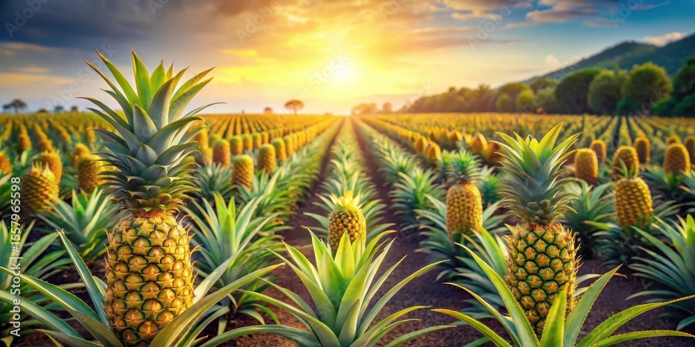 Golden Hour in a Pineapple Plantation Rows of Ripe Fruit Bask in the Warm Sunset Glow Golden Hour in a Pineapple Plantation Rows of Ripe Fruit Bask in the Warm Sunset Glow