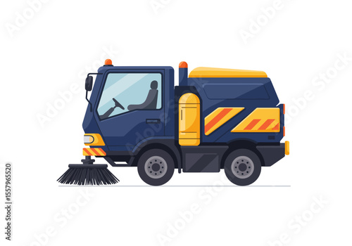 A cartoon street sweeper truck sits stationary against a solid white background
