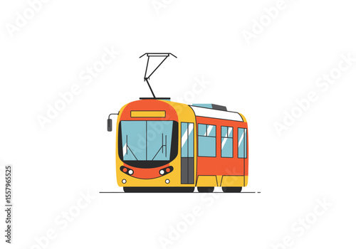 A cartoon tram is depicted with a yellow and orange design