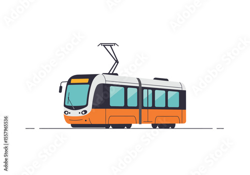 A cartoon tram is depicted with an orange and white body black accents and a zigzagging antenna on a white background